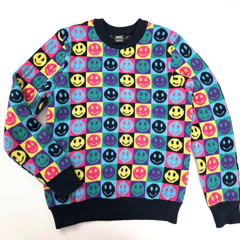 WESC unisex Leon Pop Smiley Knit Sweater Multicolor Checkerboard men M women L